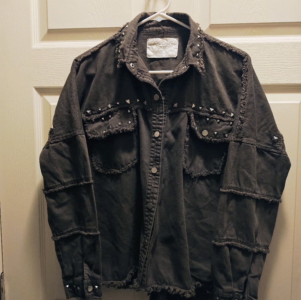 Zara Studded Green Denim Jacket